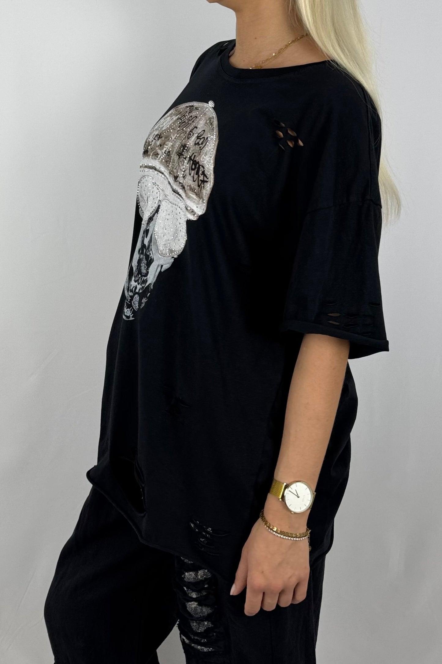 Oversize Shirt mit Skull-Print & Destroyed-Look-Schwarz