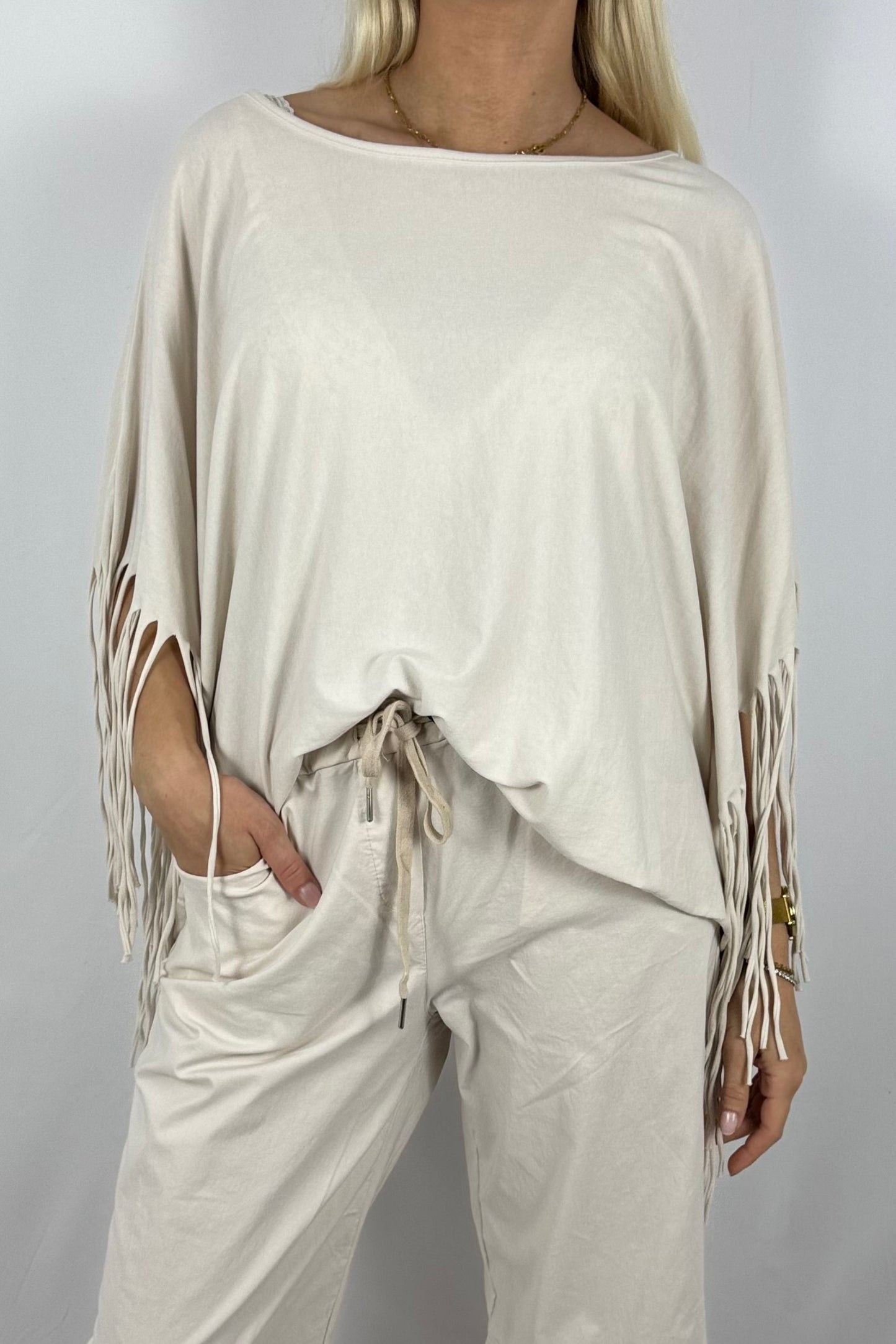 Fransen-Shirt aus Baumwollmix-Beige