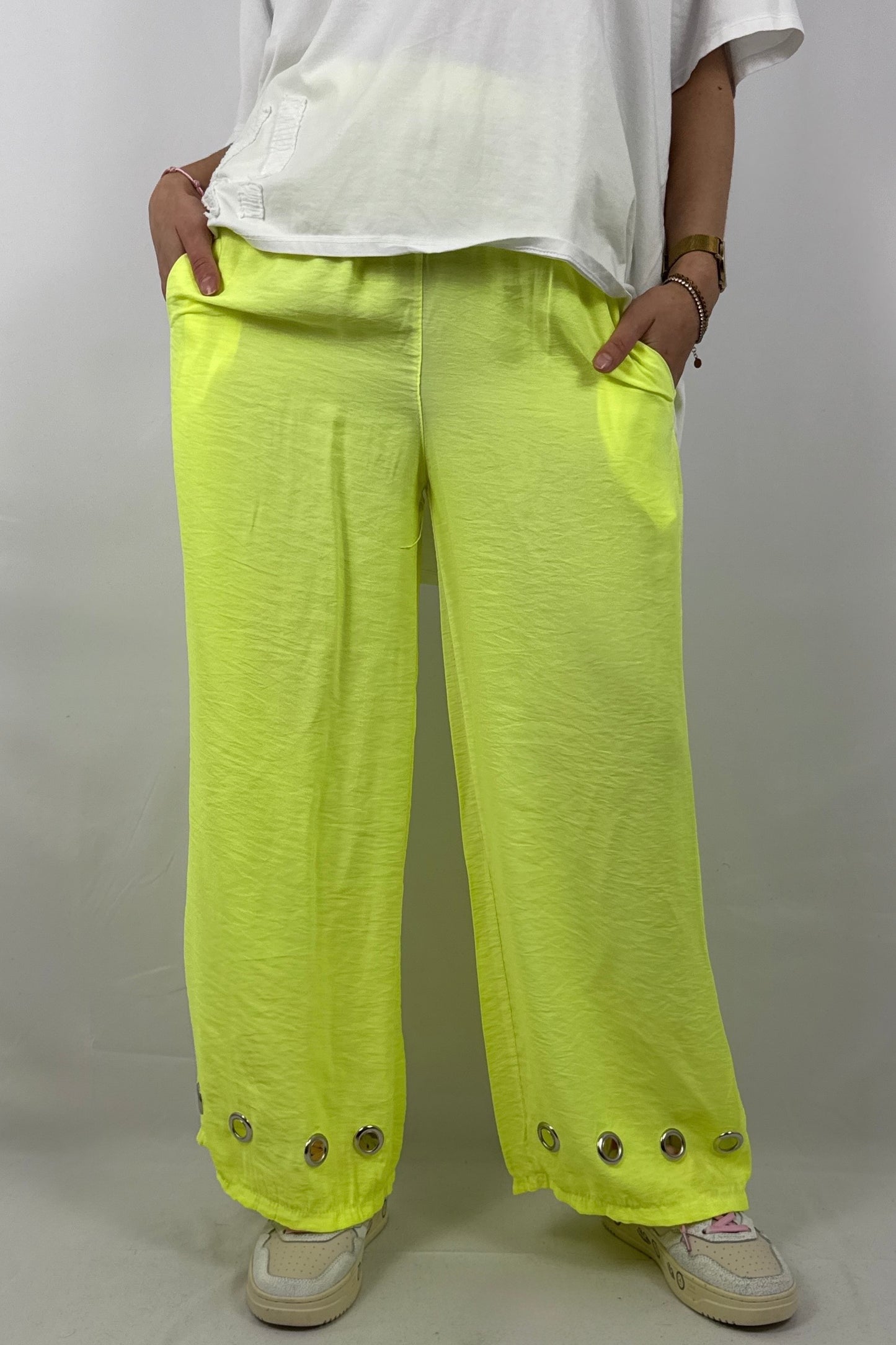 Damen Hose mit weitem Bein und Ösen Details - Neon gelb