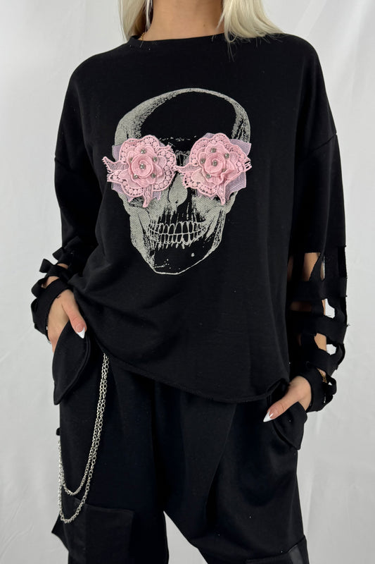 Oversize Shirt mit Totenkopf-Print & Cut-Out-Ärmeln –Schwarz