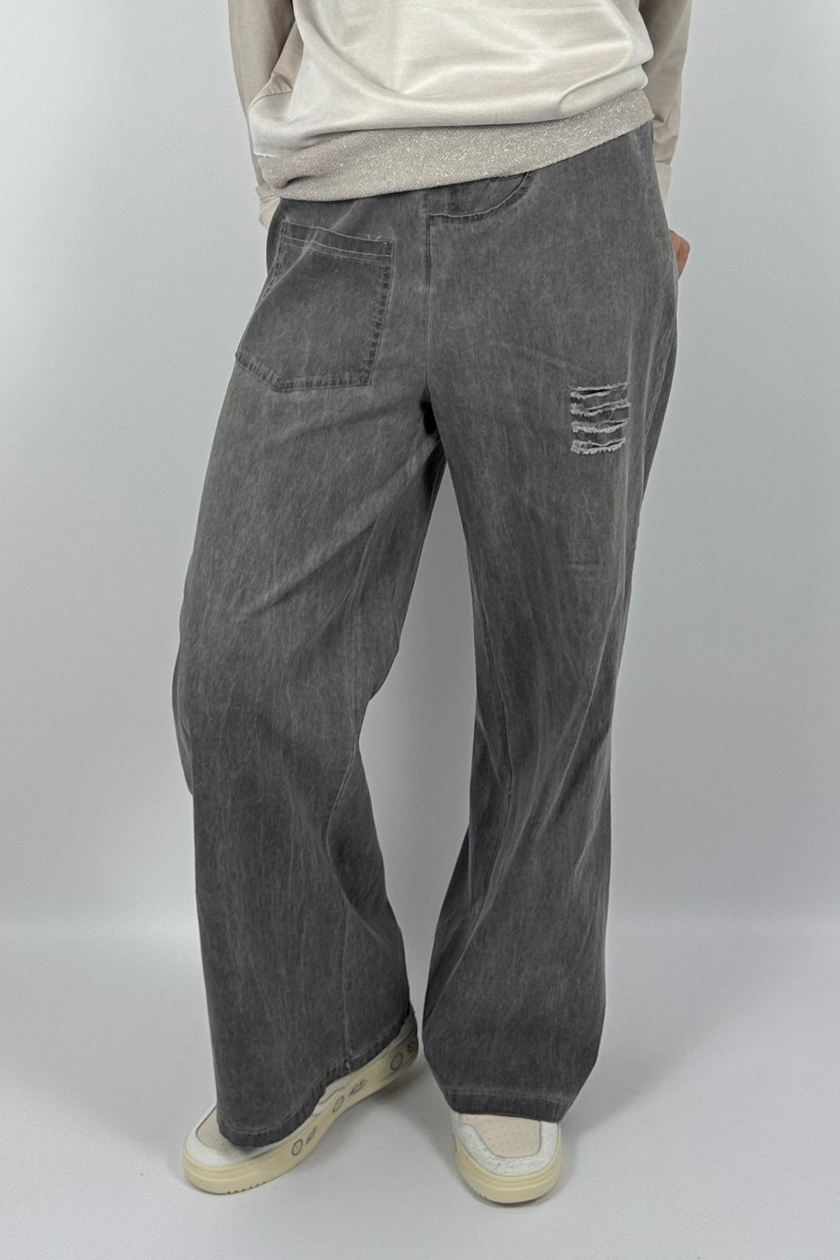 Damen Wide-Leg Hose mit Destroyed-Details – Mud