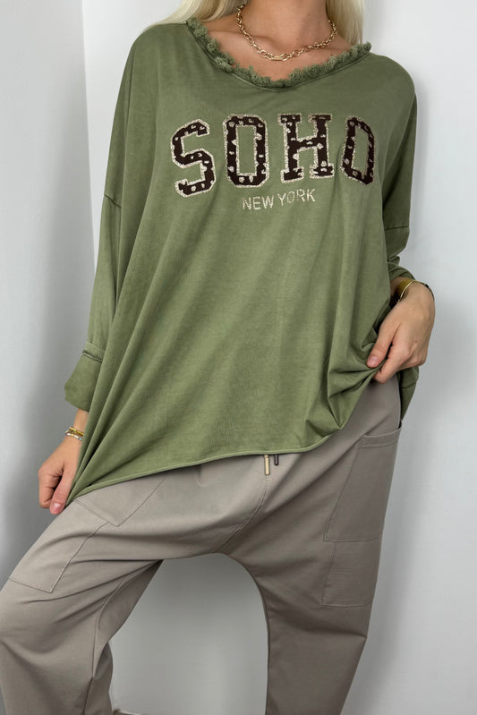Oversize Shirt „SOHO New York“ mit Fransen-Detail-Olive
