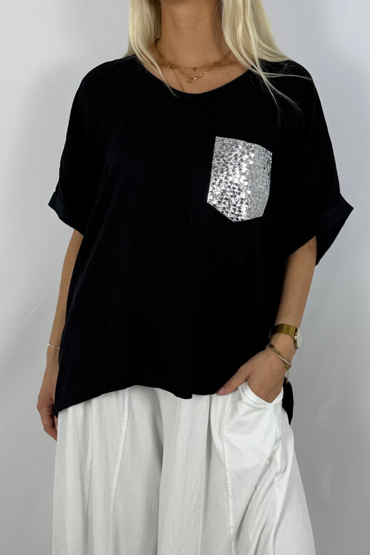 Oversize Shirt mit Pailletten-Brusttasche-Schwarz