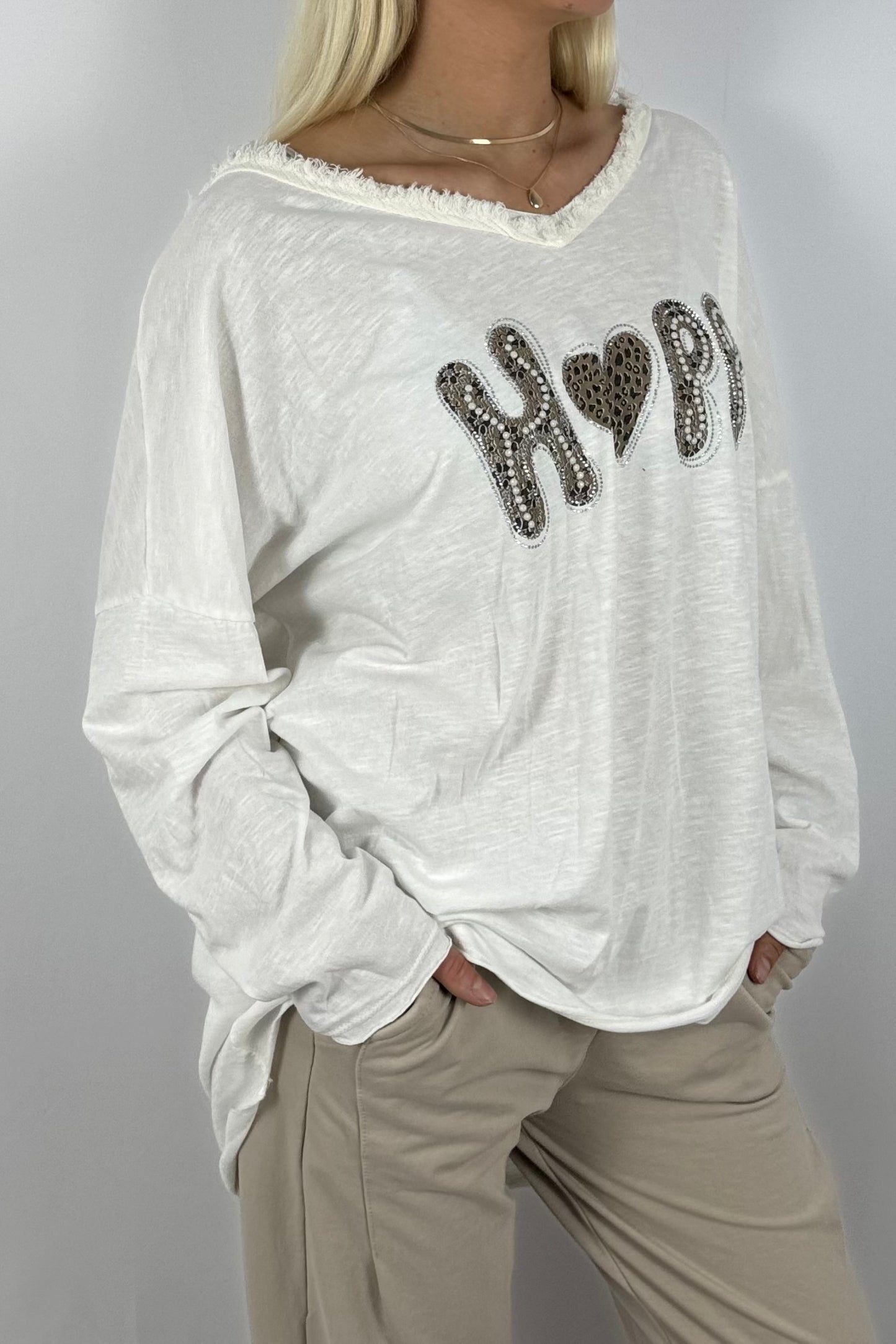 Damen Oversize Shirt – Happy Print-Weiß