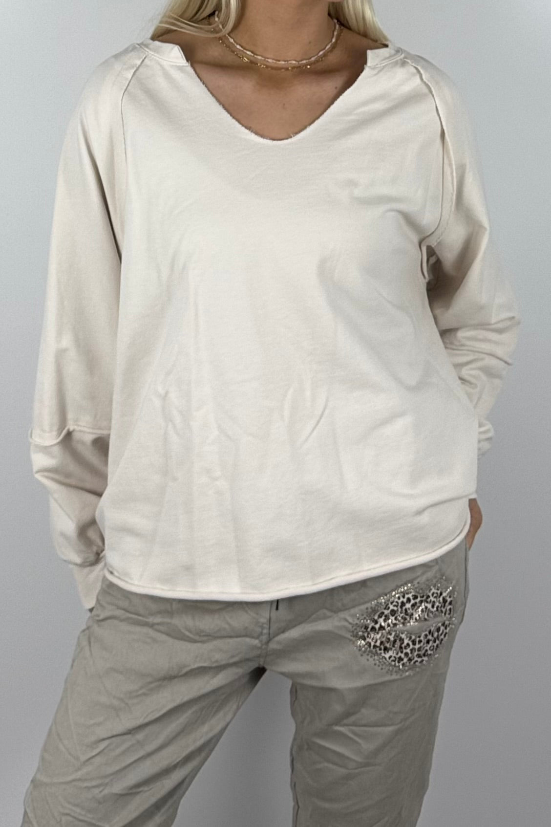 Damen Oversize-Sweatshirt mit V-Ausschnitt-Beige