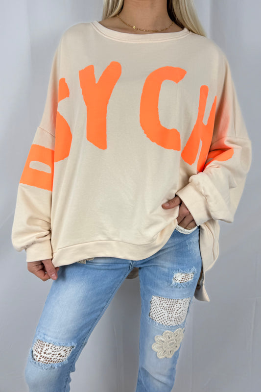 Oversize Sweatshirt mit Schriftzug „PSYCHO“-Beige