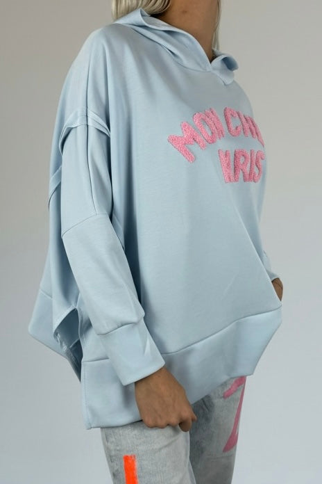 Oversize Hoodie „Mon Chéri Paris“-Hellblau