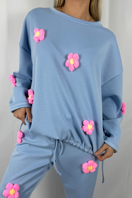 Shirt mit Häkelblumen & Tunnelzug-Hell Blau