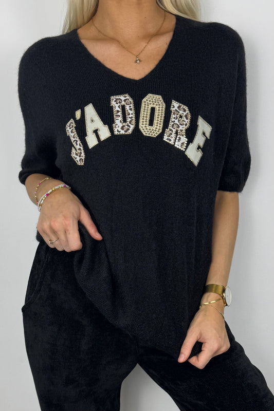 Shirt "J'Adore" mit Strass & Leo-Details-Schwarz