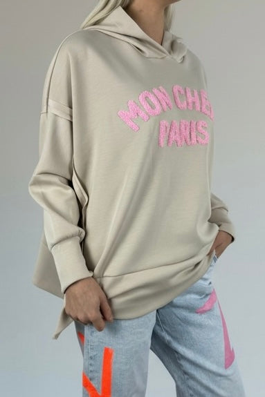 Oversize Hoodie „Mon Chéri Paris“-Beige