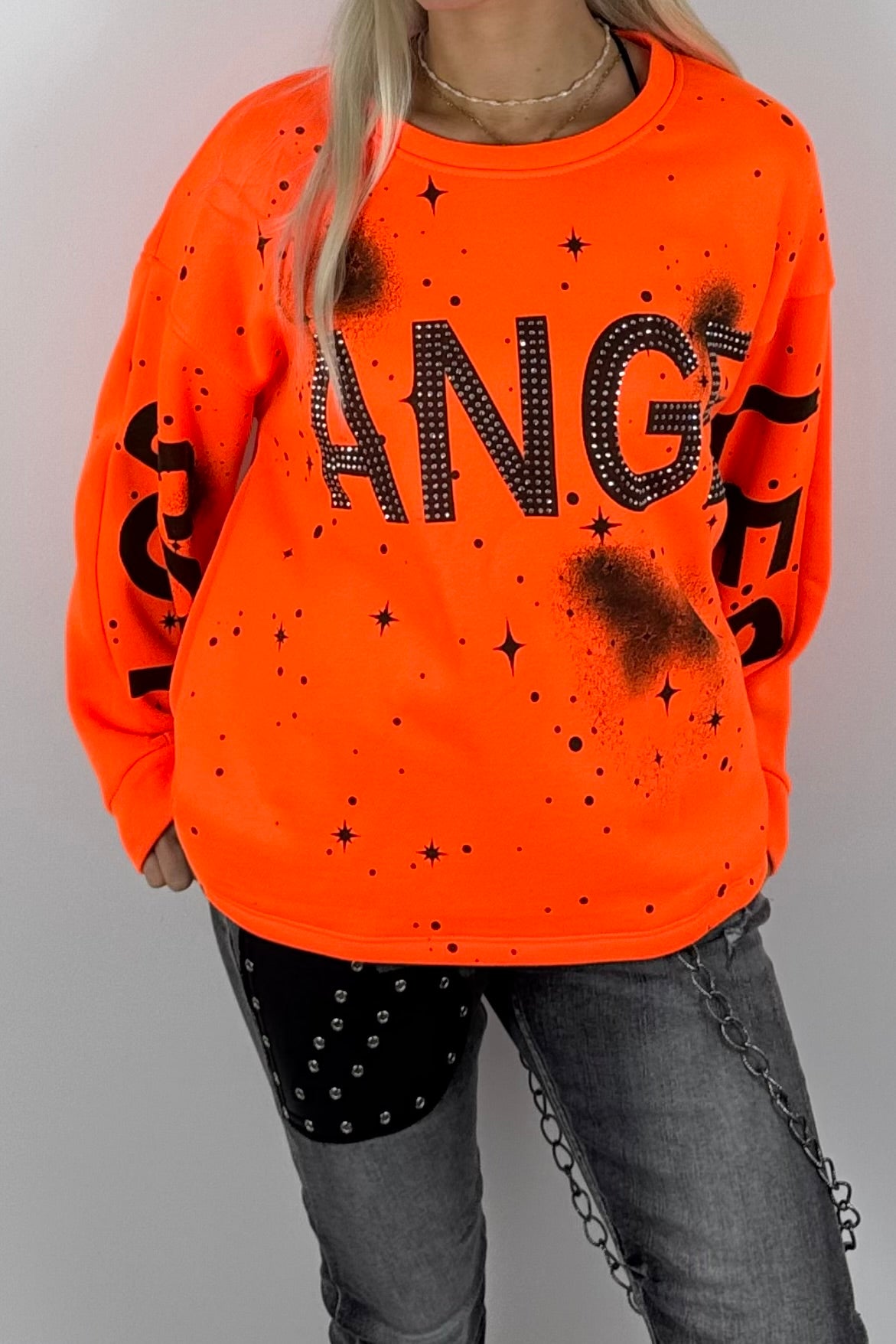 Damen-Sweatshirt mit „Los Angeles“-Schriftzug und Glitzersteinen - Neon Orange
