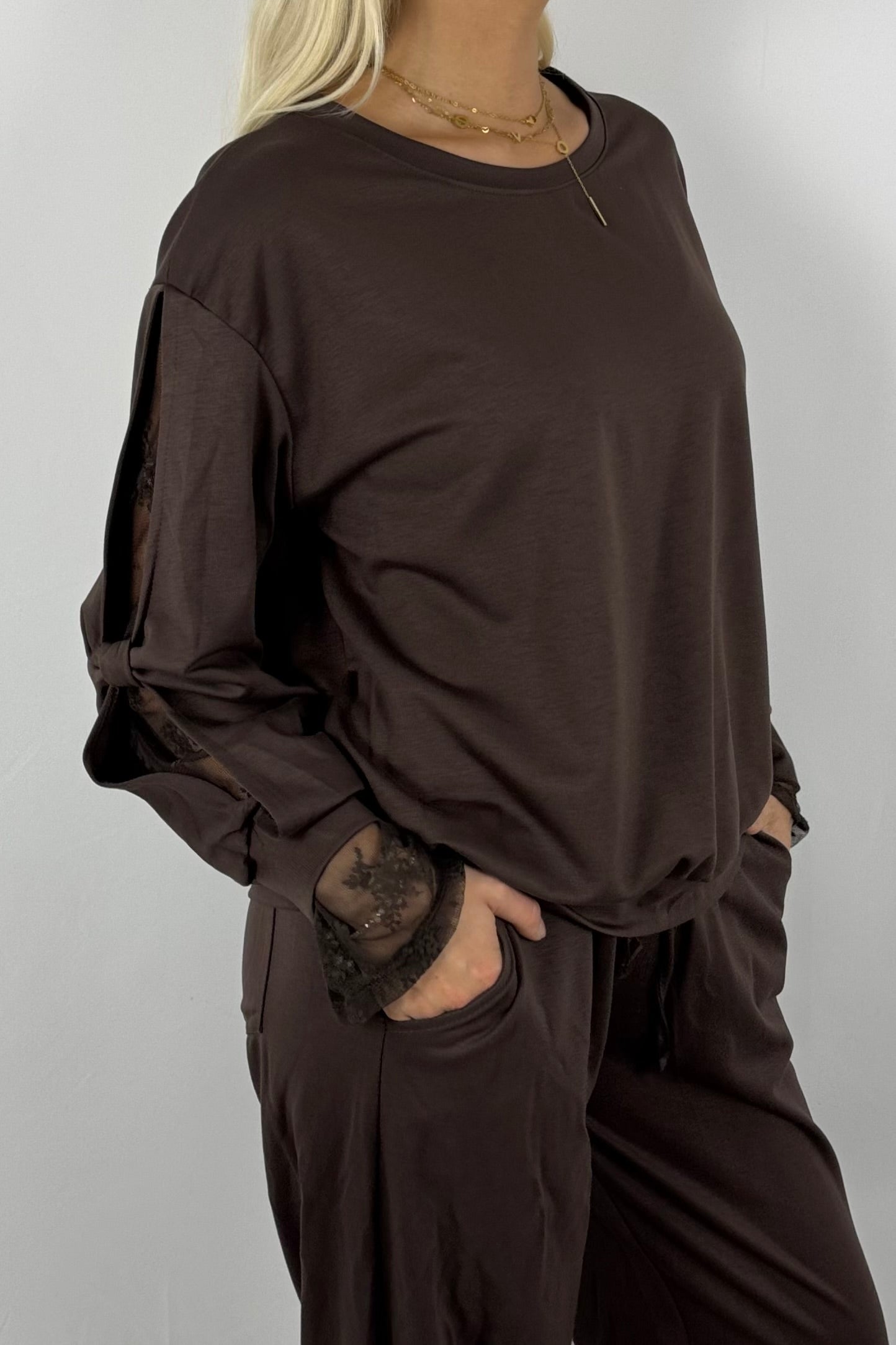 Damen Sweatshirt aus Viskose – Oversize mit Raffärmeln-Schoko
