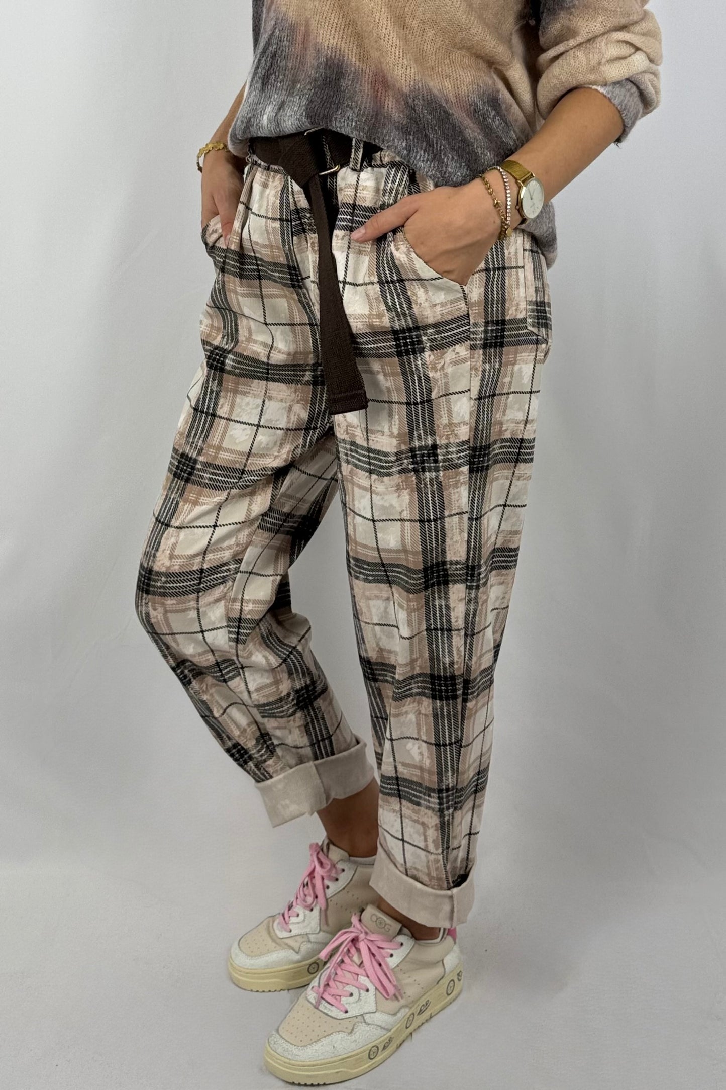 Damen Hose – Karomuster mit Gürtel-Beige