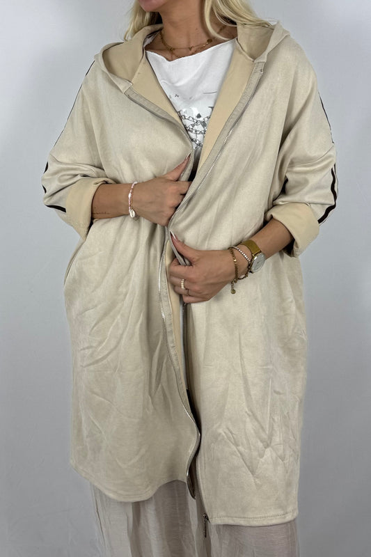 Lässige Longjacke in Velours-Optik mit Kapuze-Beige