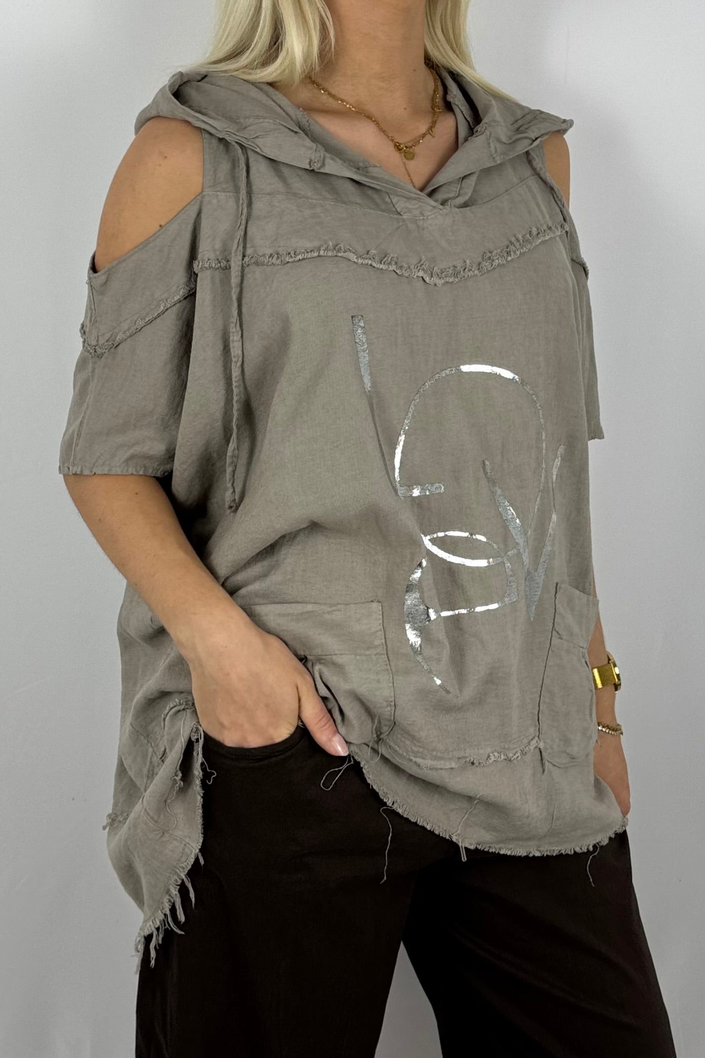 Leinen-Top mit Kapuze & LOVE-Print-Mud