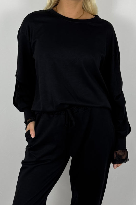 Damen Sweatshirt aus Viskose – Oversize mit Raffärmeln-Schwarz