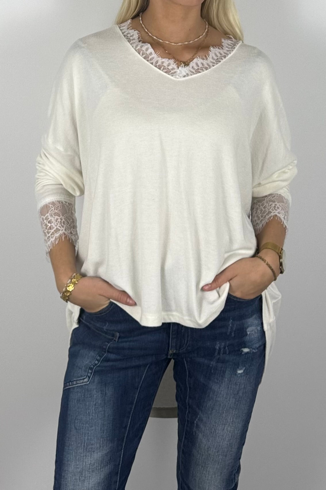 Damen Oversize Shirt mit Spitzen-Details –Weiß