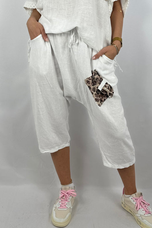 Leinen-Shorts mit Pailletten-Applikation-Weiß