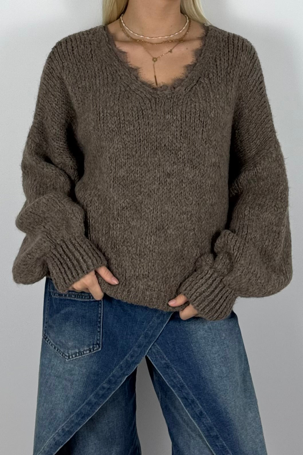 Damen Oversize Strickpullover mit V-Ausschnitt –Mud