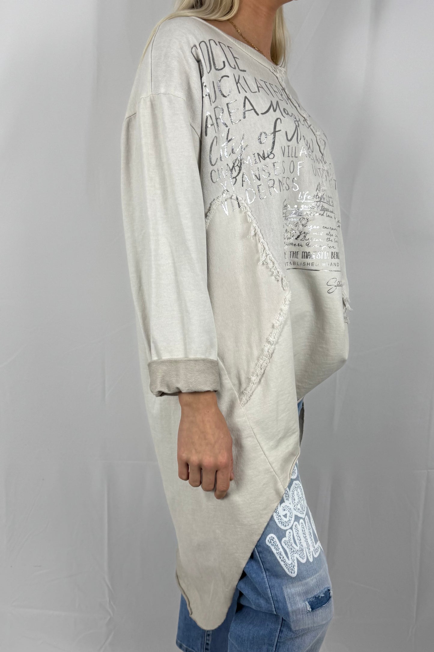 Damen Oversize Longshirt mit Schrift Print-Beige