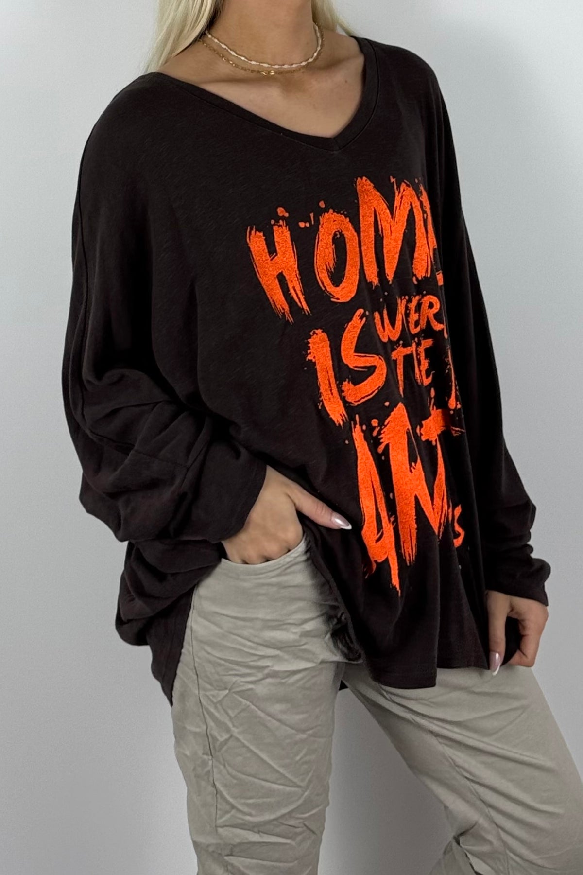 Damen Oversize-Shirt mit Statement-Print-Schoko