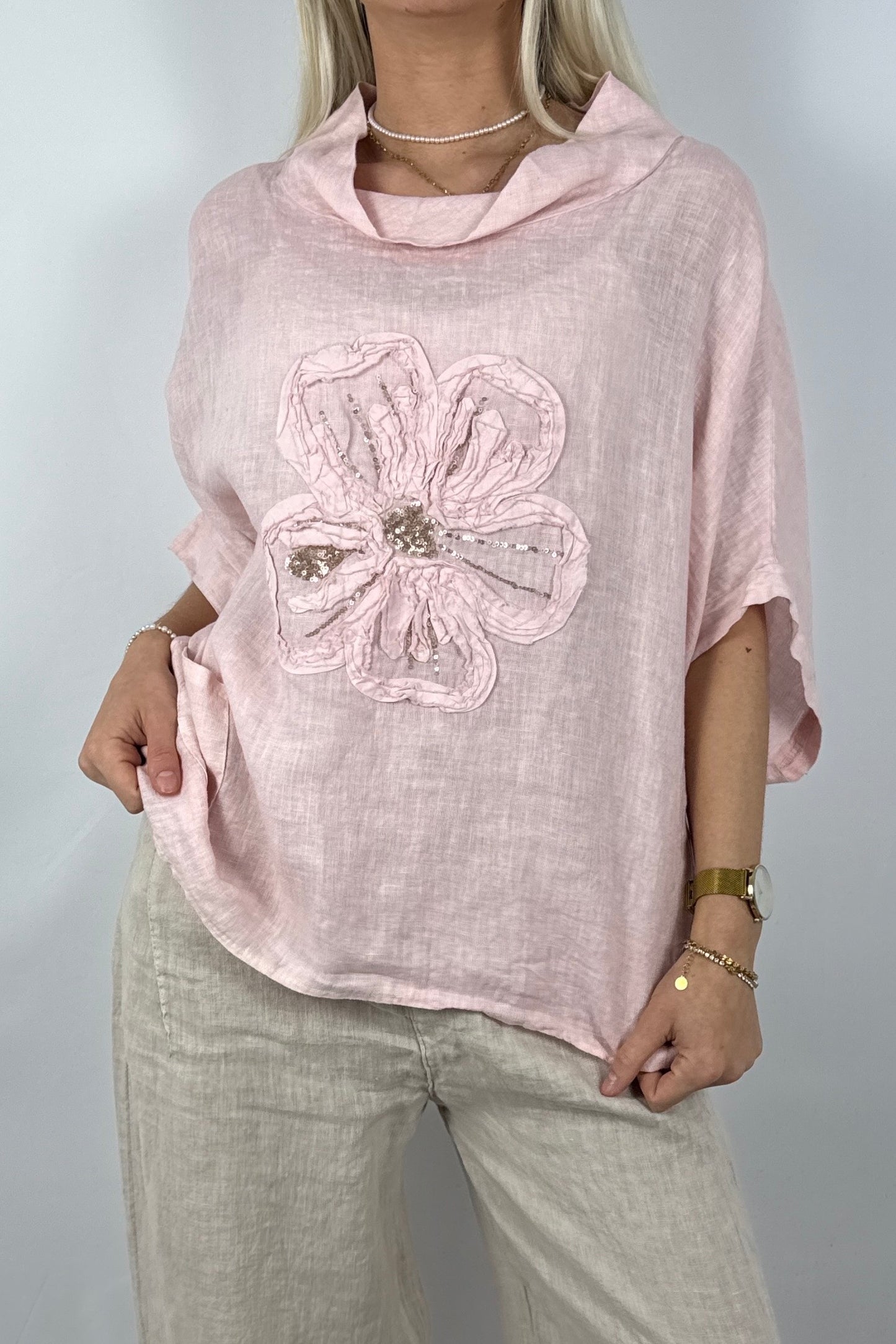 Leinen Shirt mit Blumen-Applikation – Lässiger Look-Rosa