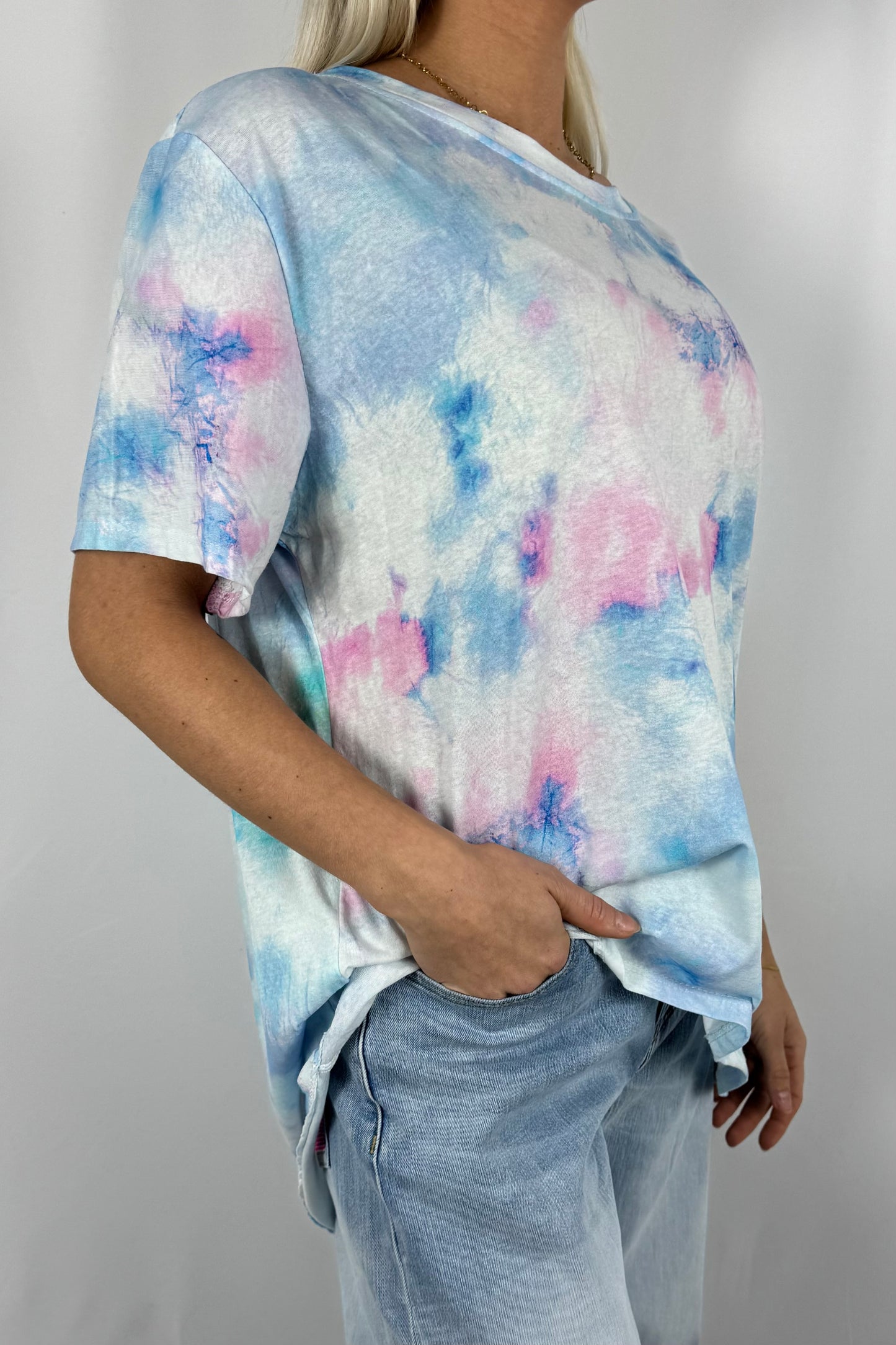 Damen Batik T-Shirt Oversize-Hellblau