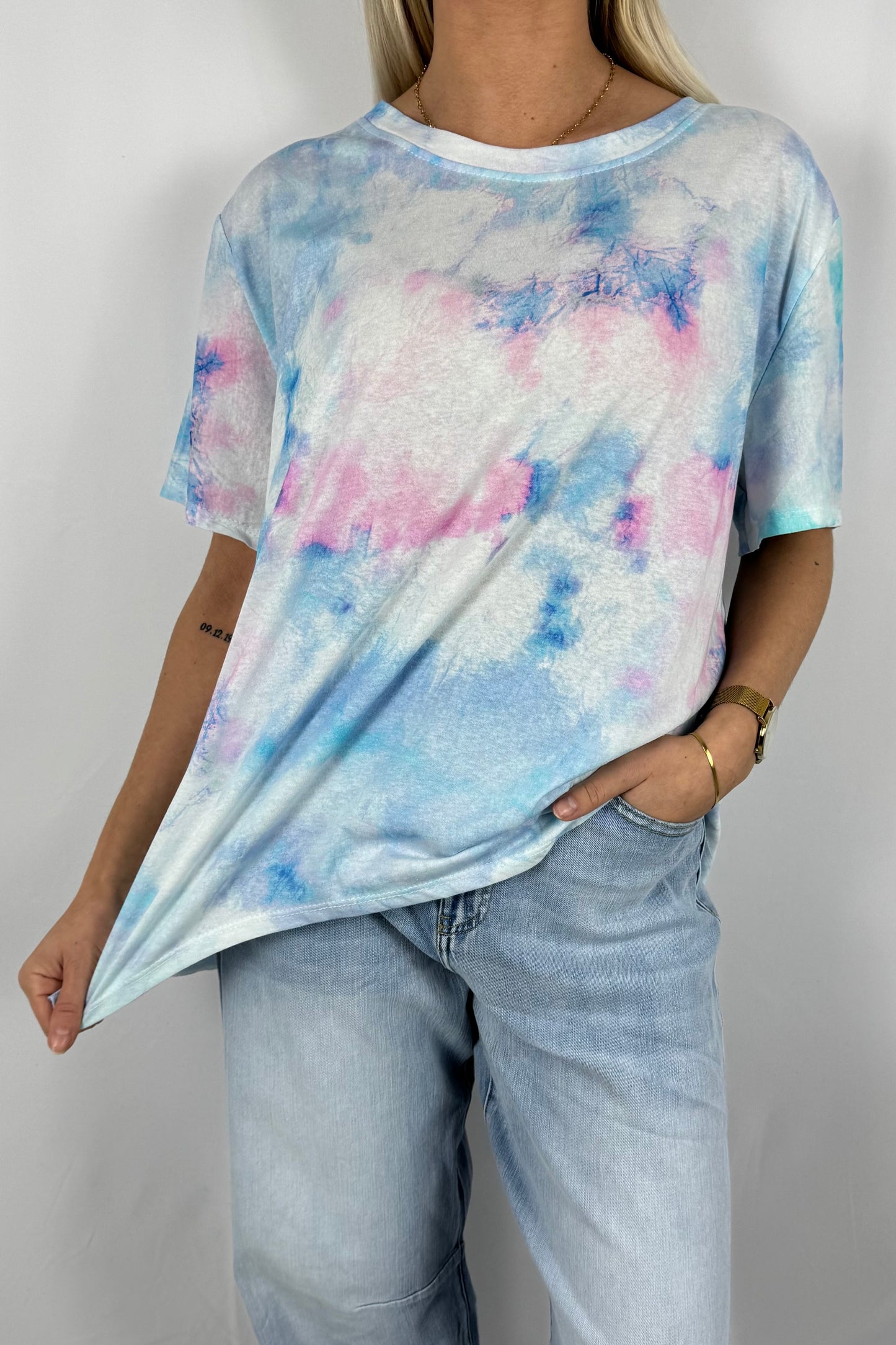 Damen Batik T-Shirt Oversize-Hellblau