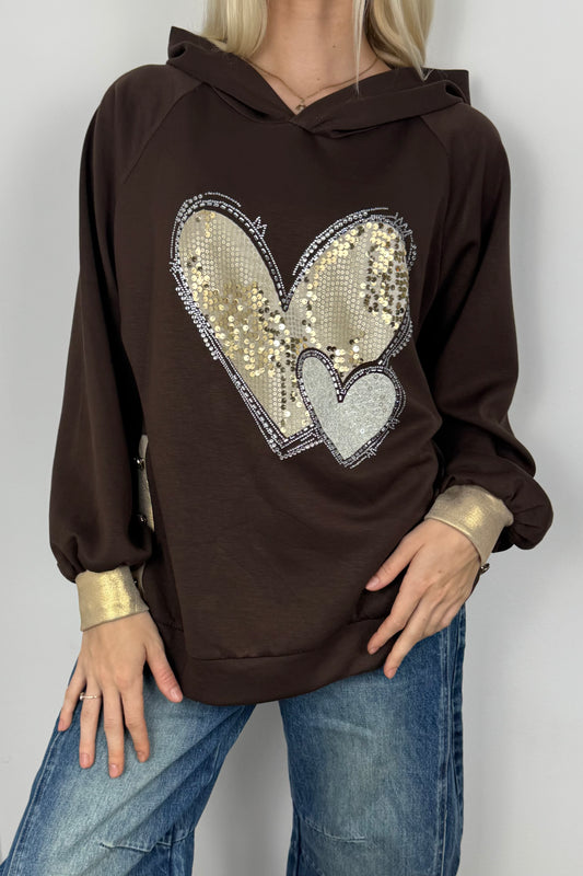 Hoodie mit Herz-Applikation und Glitzer-Details-Choco