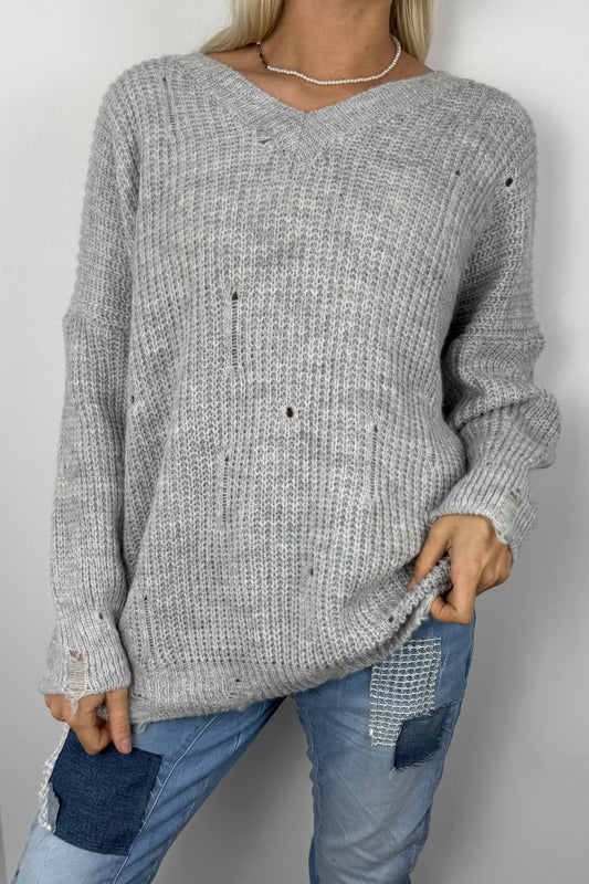 Oversize Strickpullover mit V-Ausschnitt – Grau