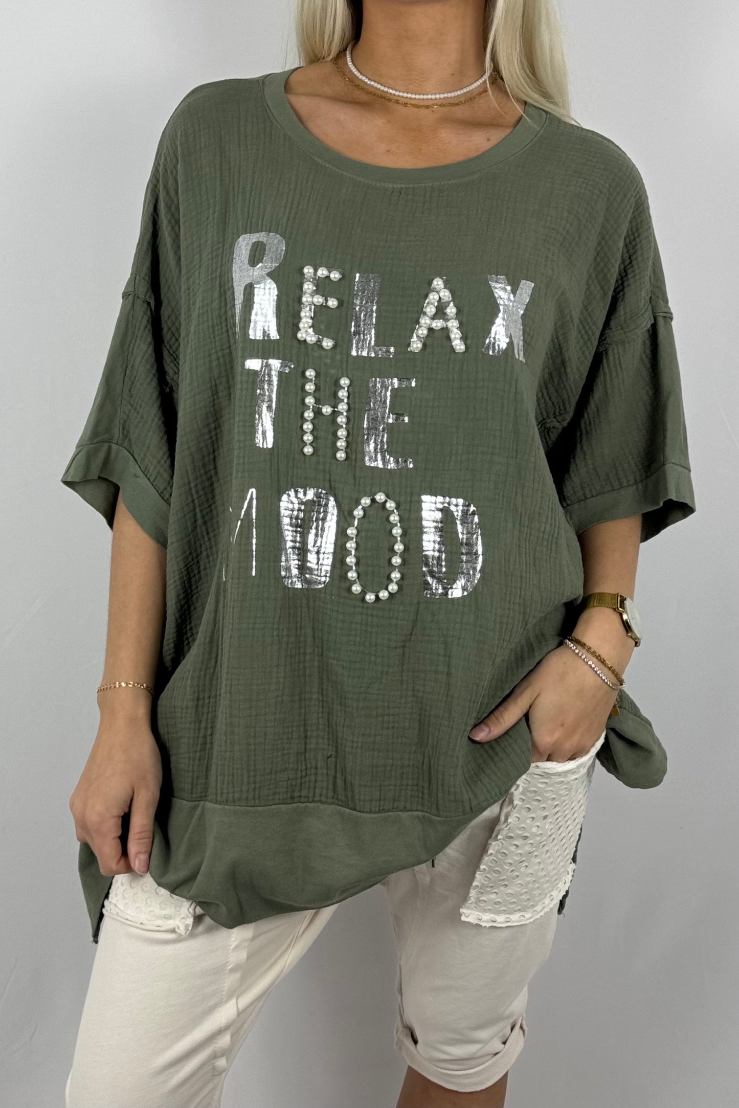 Oversize-Shirt „Relax The Mood“ aus Musselin-Khaki