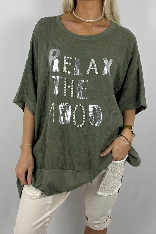Oversize-Shirt „Relax The Mood“ aus Musselin-Khaki