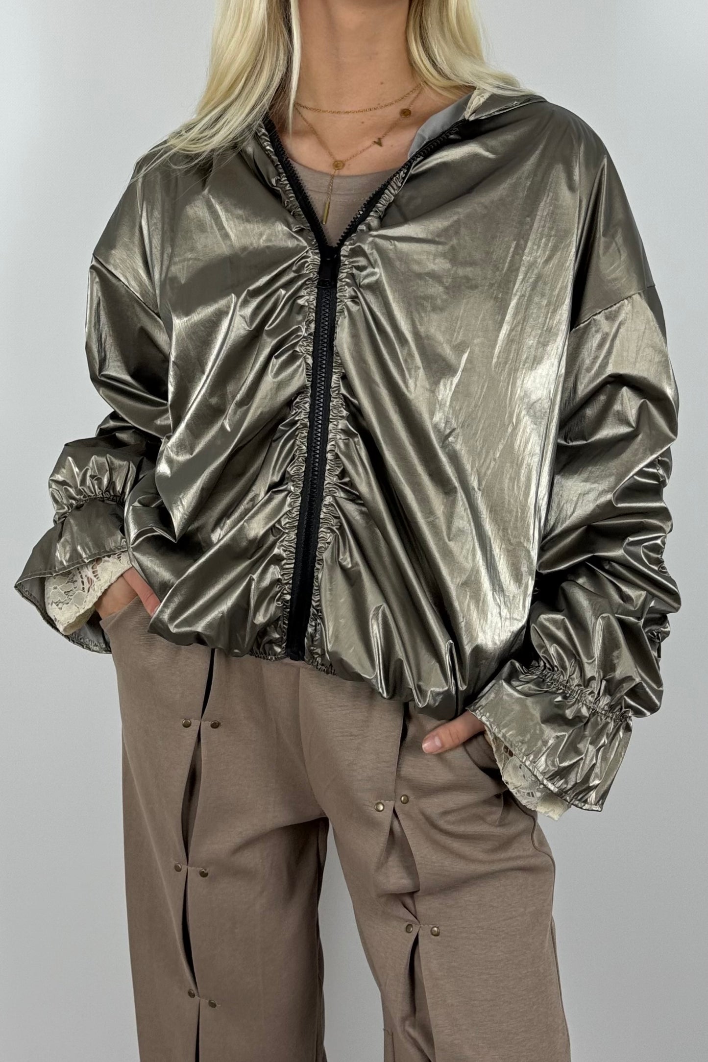 Damen Glanz-Jacke mit Kapuze – Metallic Look - Bronze
