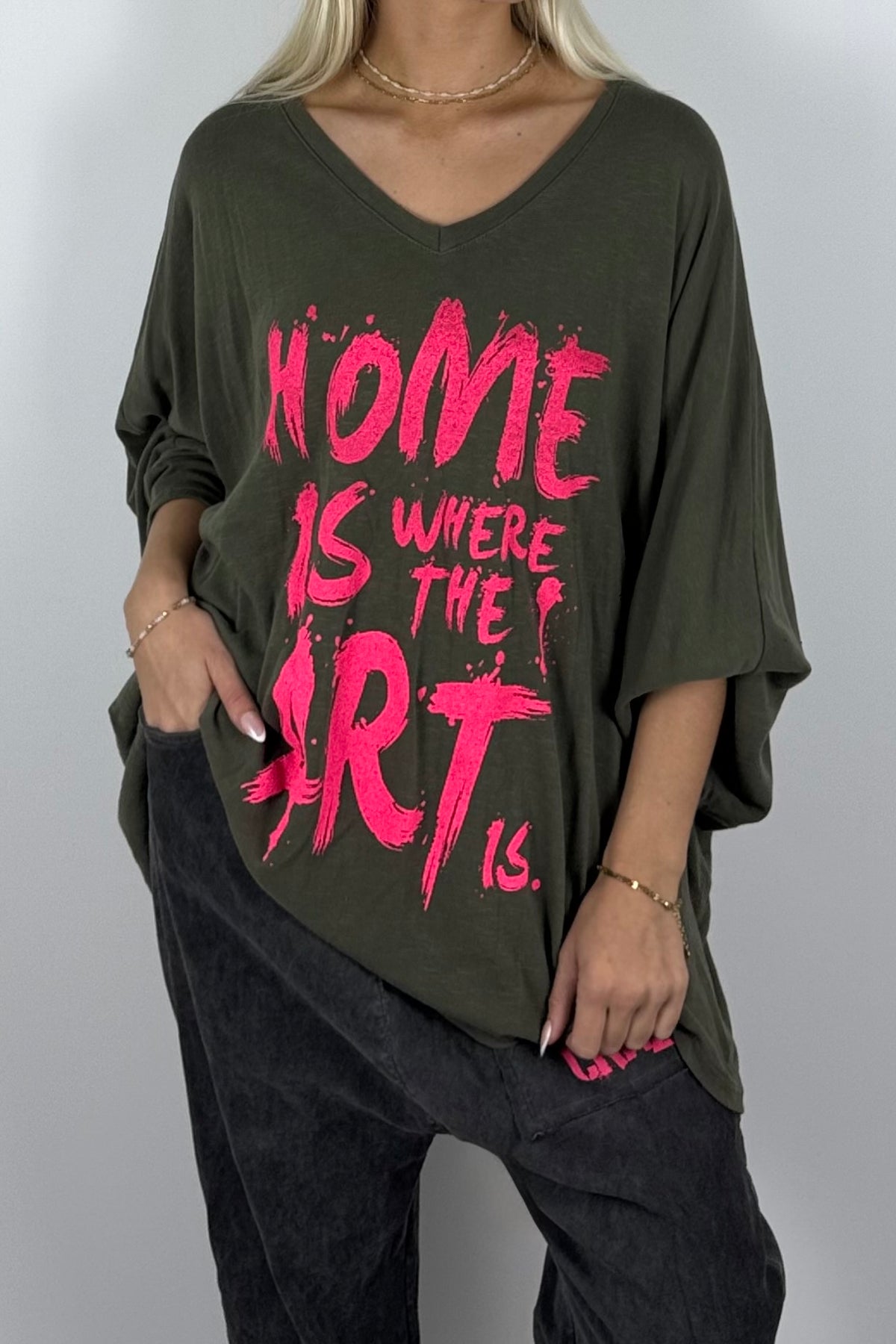 Damen Oversize-Shirt mit Statement-Print-Khaki