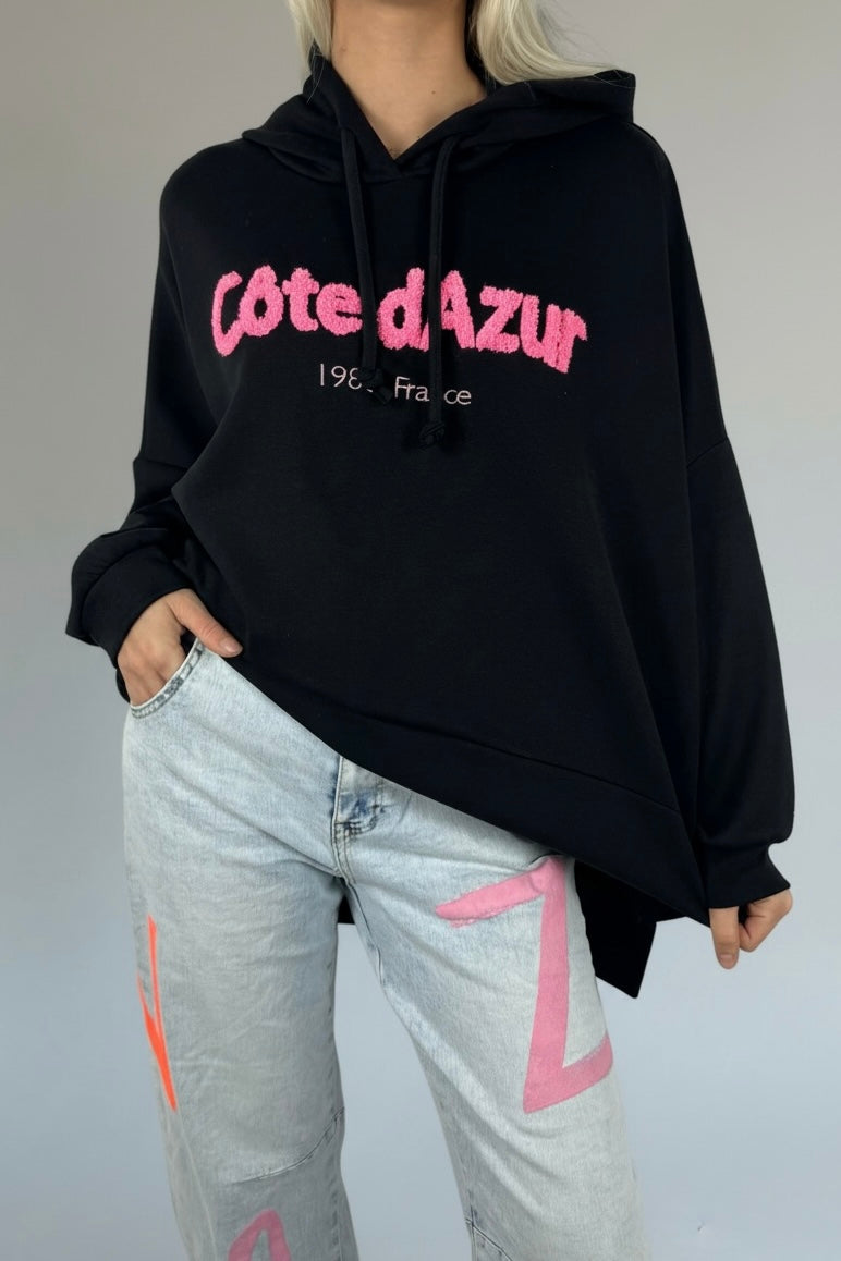 Oversize Hoodie mit Schriftzug „Côte d’Azur“-Schwarz
