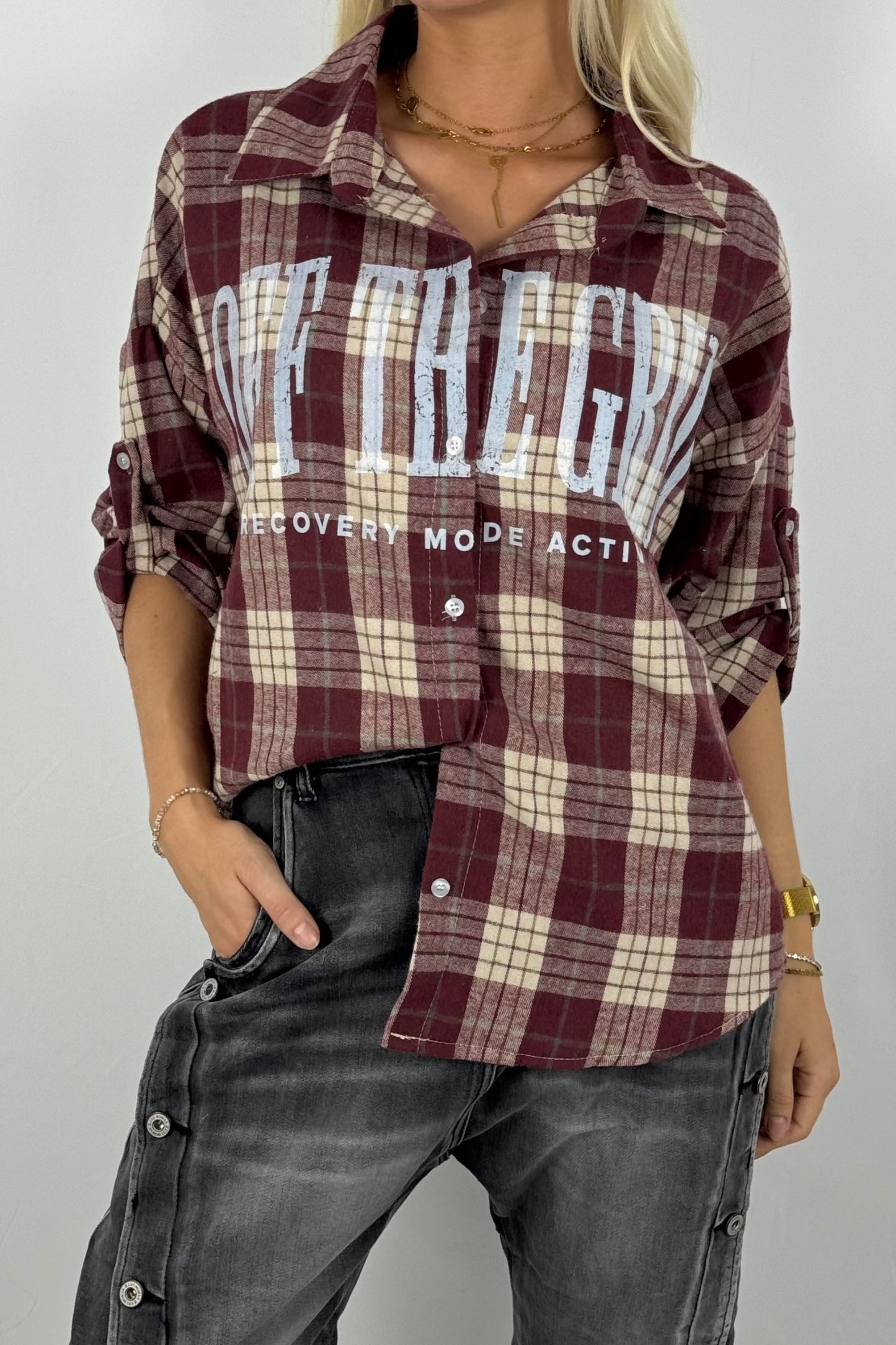 Damen Karobluse „Off The Grid“ – Oversize-Bordeaux