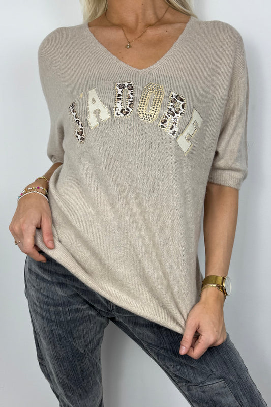 Shirt "J'Adore" mit Strass & Leo-Details-Beige