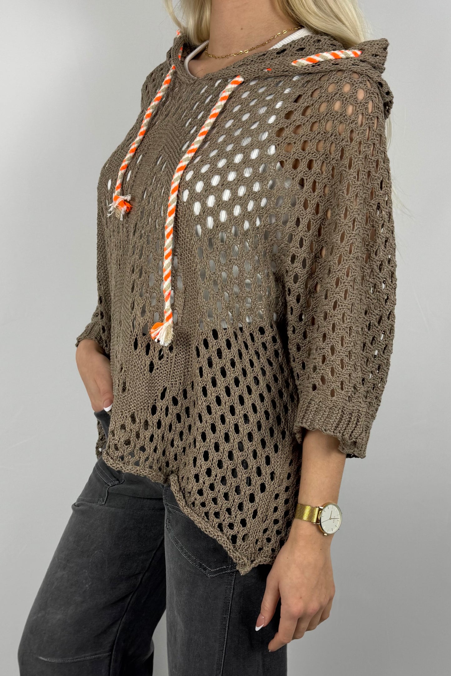 Häkel Hoodie Shirt mit Lochmuster Damen-Mud