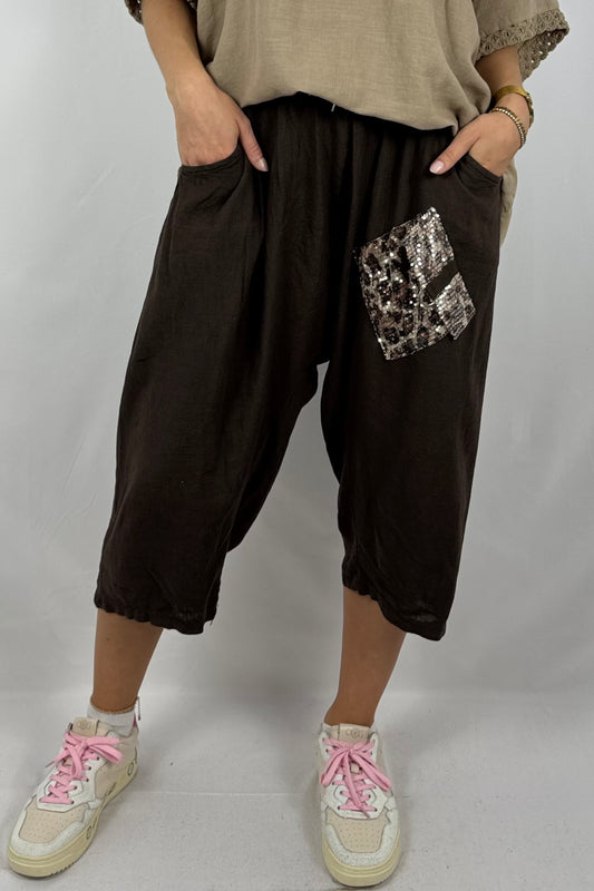 Leinen-Shorts mit Pailletten-Applikation-Schoko