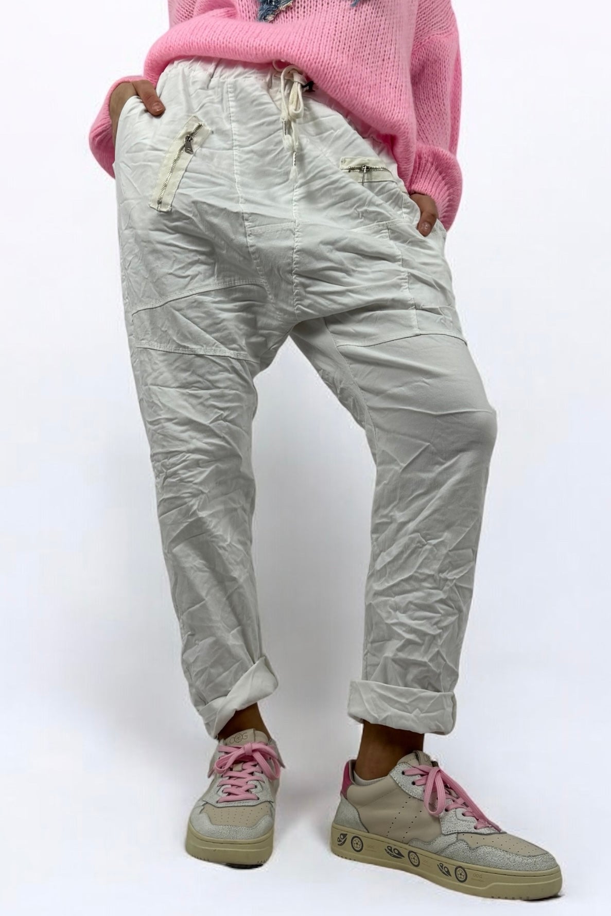 Hose mit elastischem Bund & Reißverschlusstaschen-Weiß