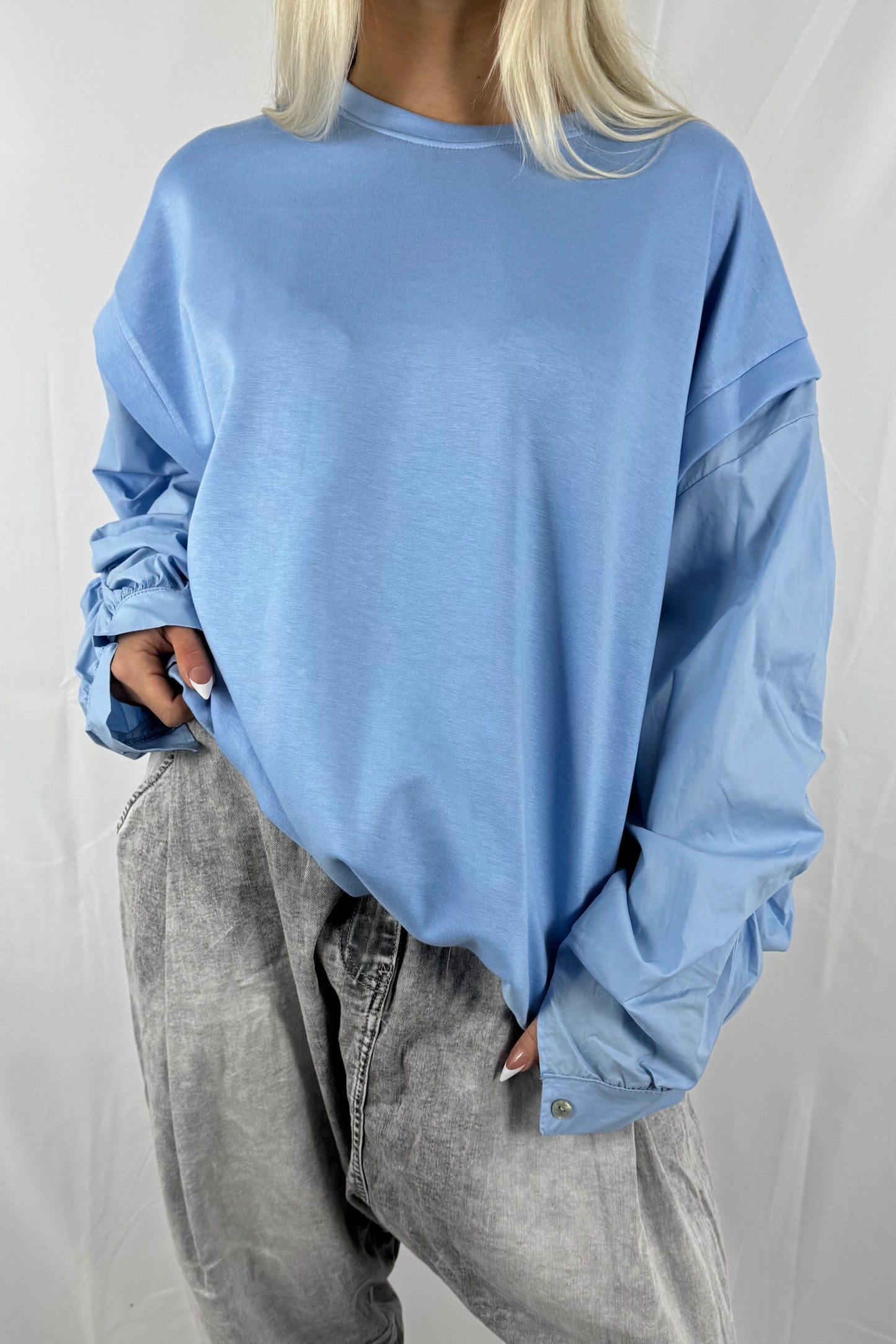 Oversize Sweatshirt mit Volumenärmeln & Tunnelzug –Hell Blau