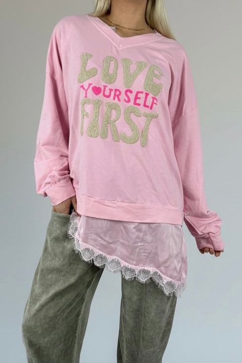 Oversize Shirt „Love Yourself First“-Rosa