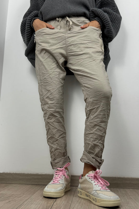 Stretchhose mit Reißverschluss-Detail –Beige