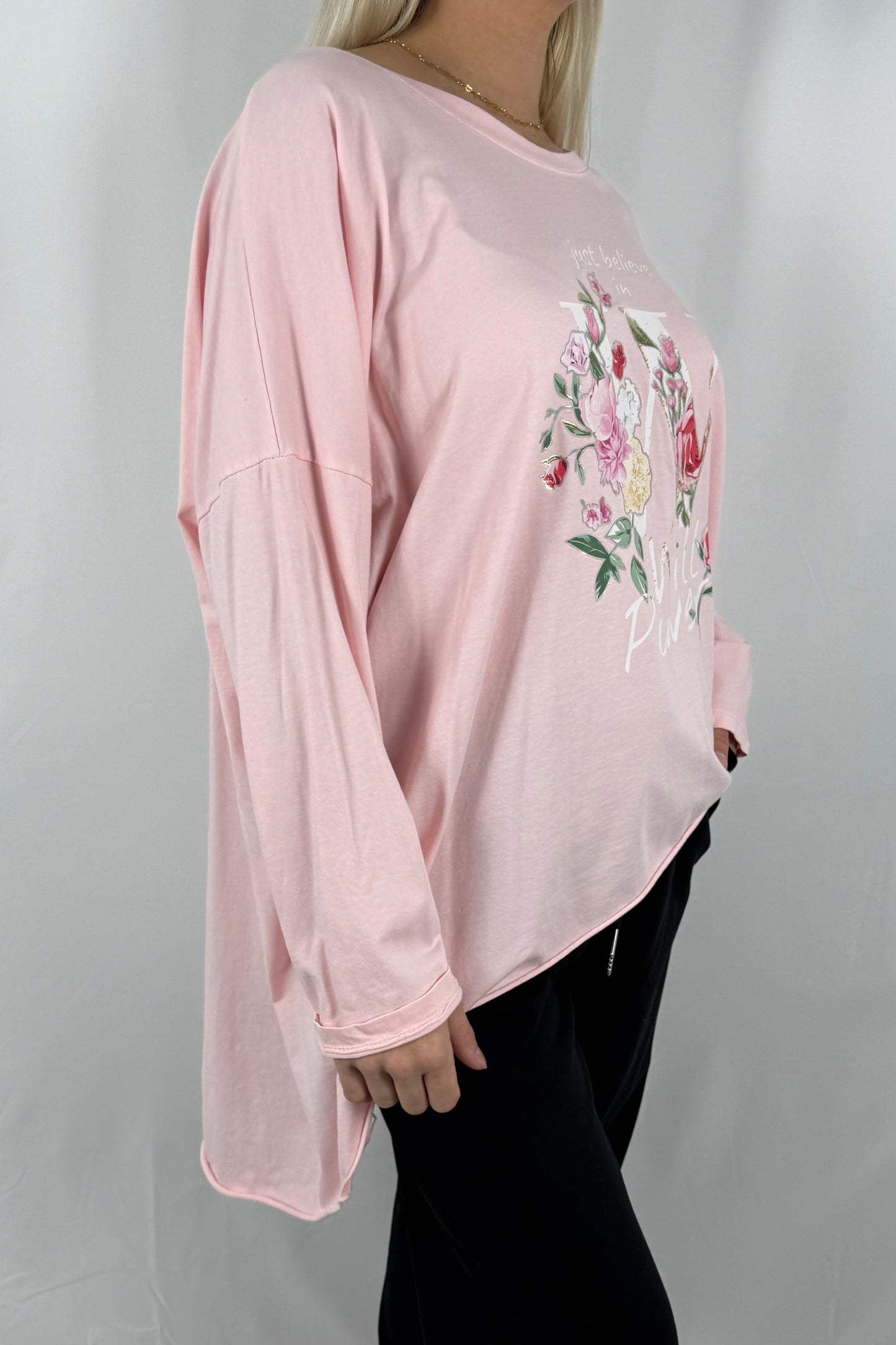 Oversize Damen Shirt mit Love Will Power Print-Rosa