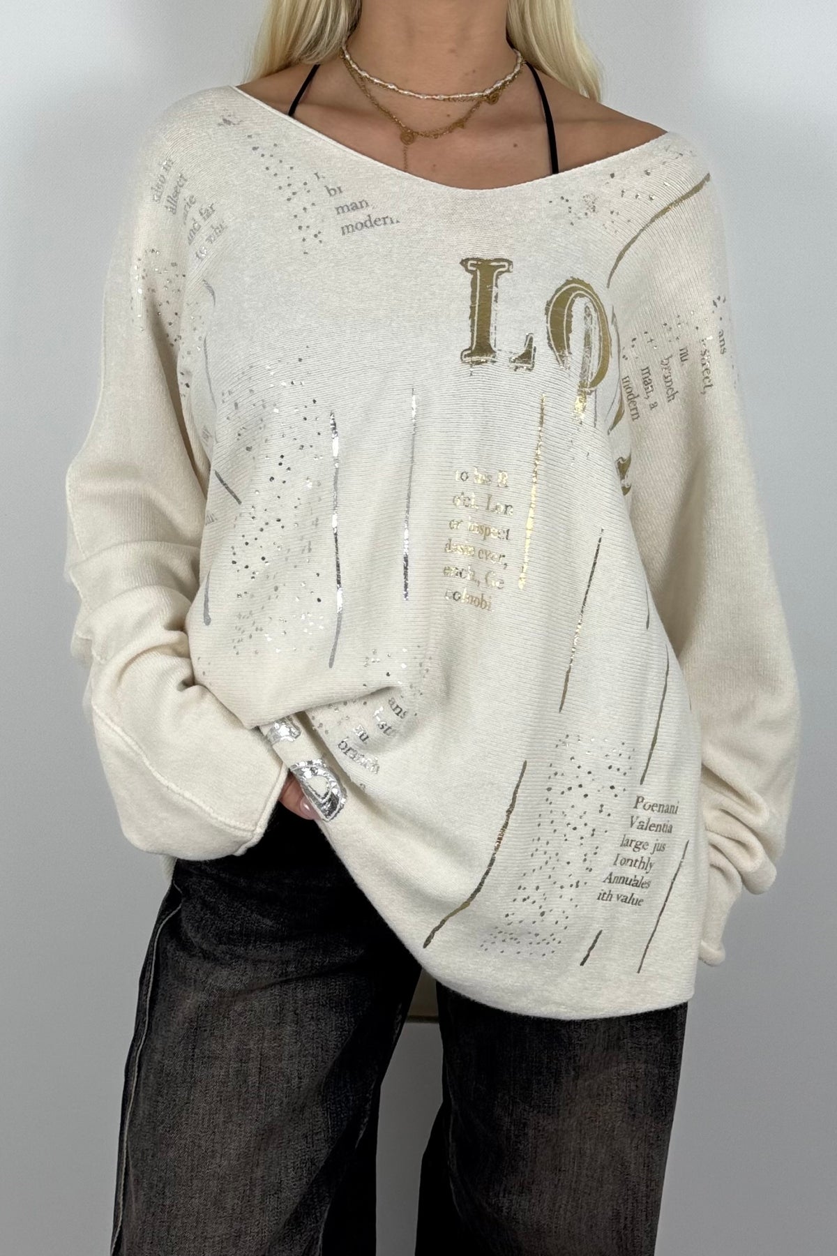 Oversize Shirt mit V-Ausschnitt & Metallic-Print-Cream Weiß