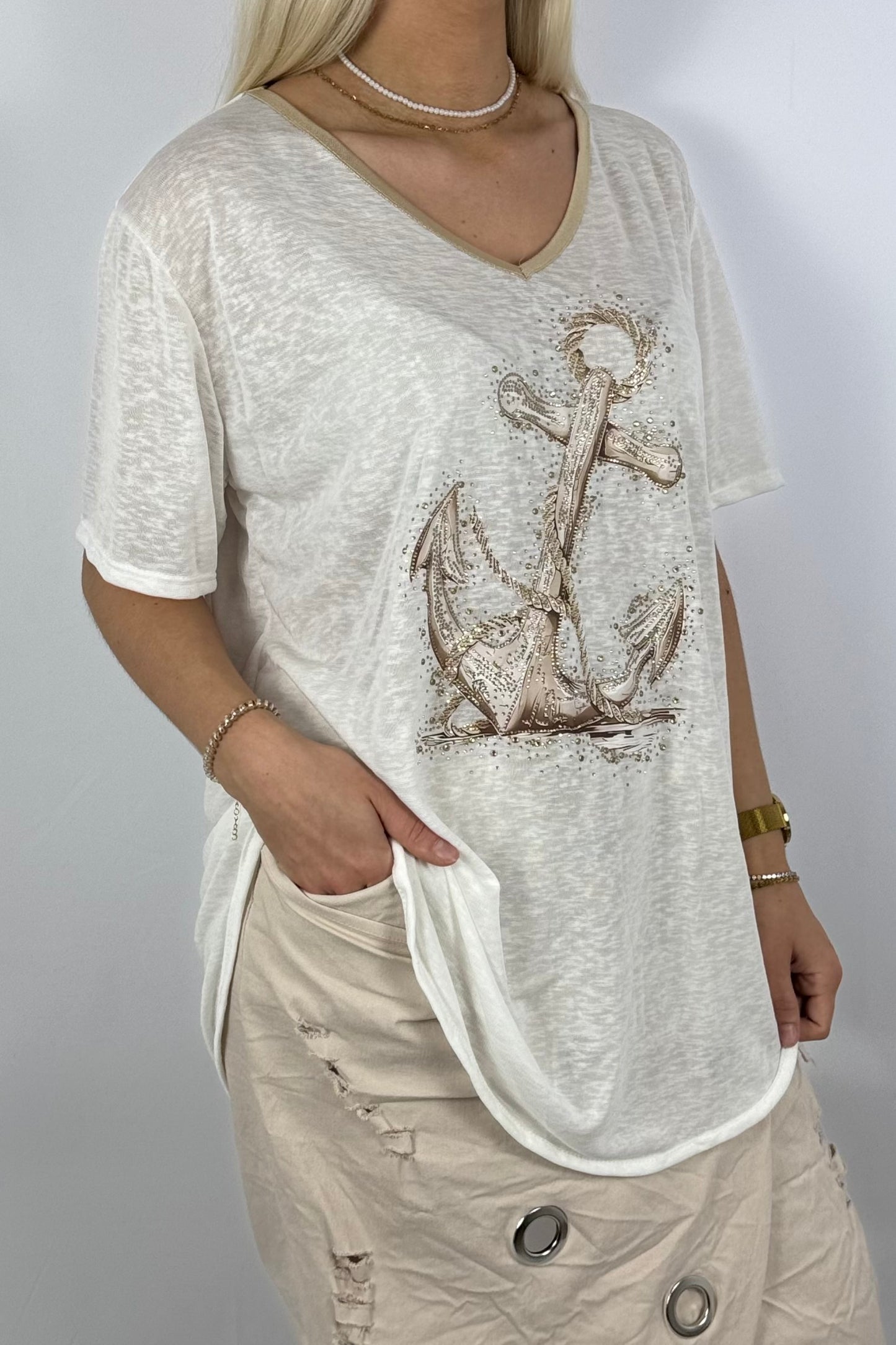 Oversize-Shirt mit Anker-Print & Golddetails-Weiß