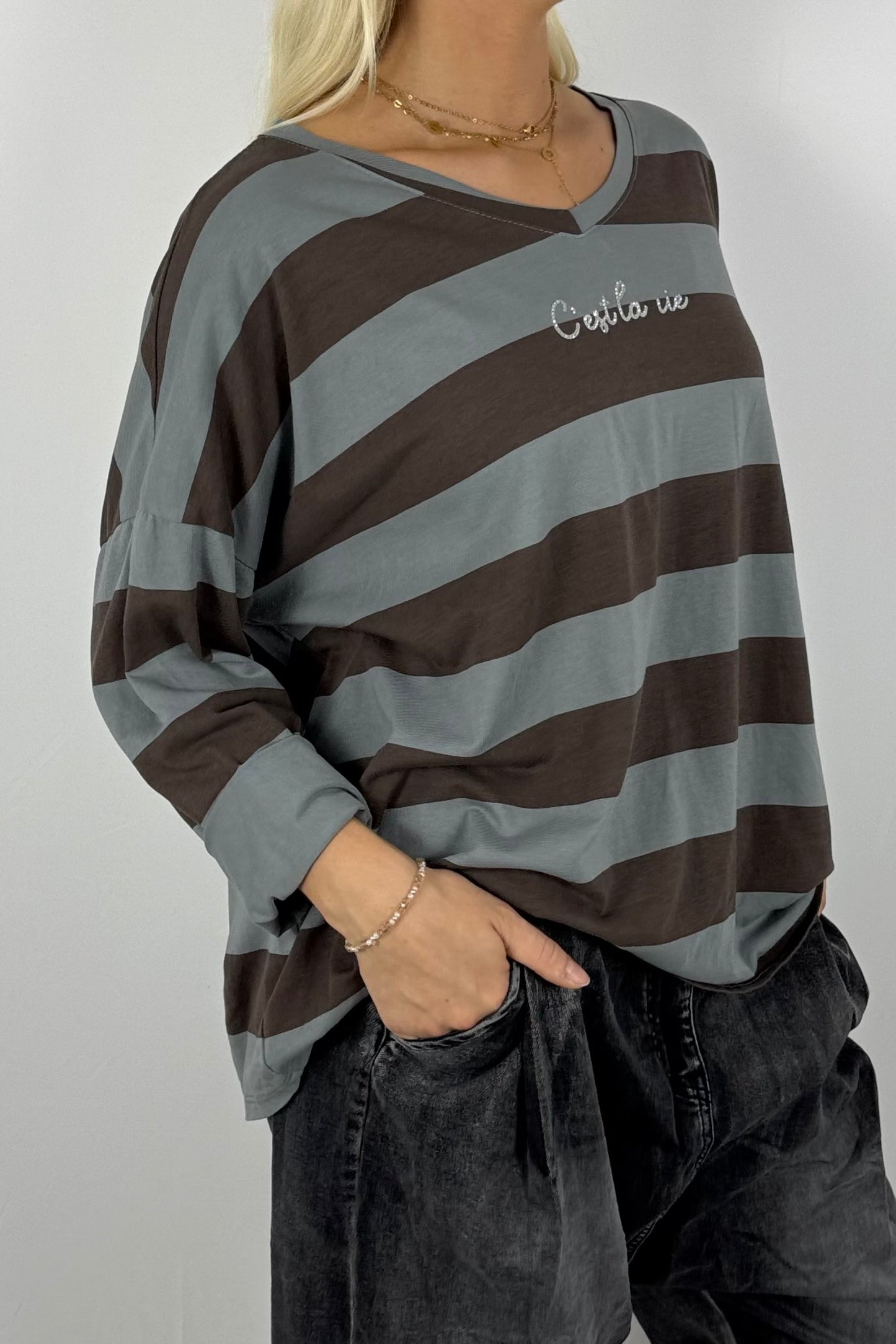 Damen Shirt gestreift – Oversize-Grau