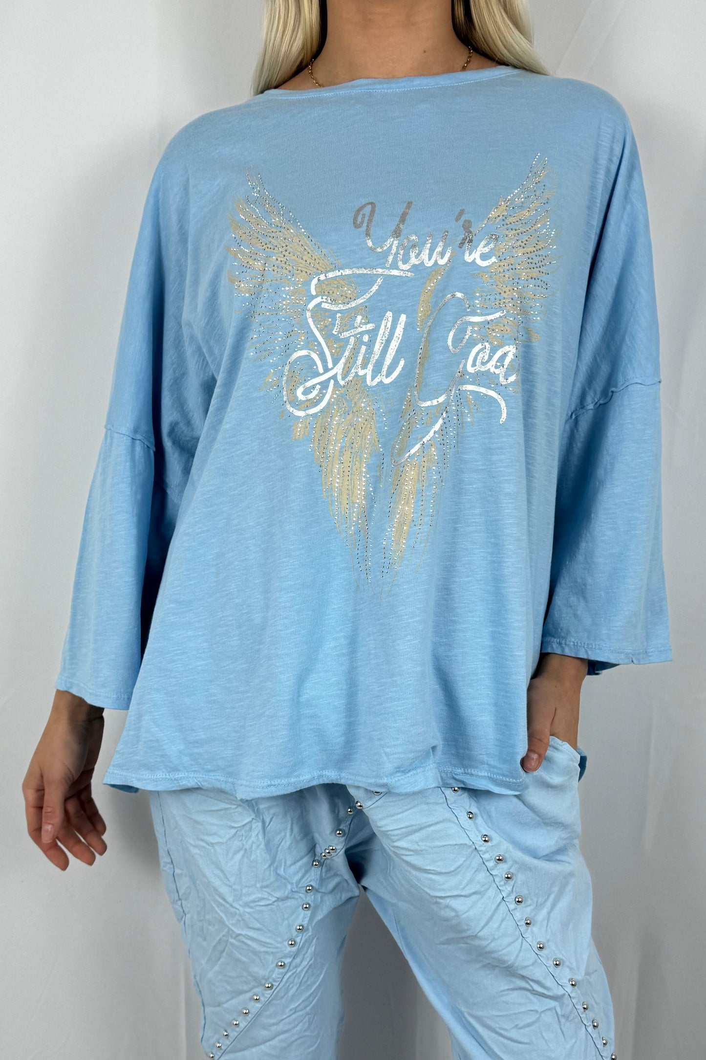 Damen Oversize Shirt mit You’re Still Good Print-Hellblau