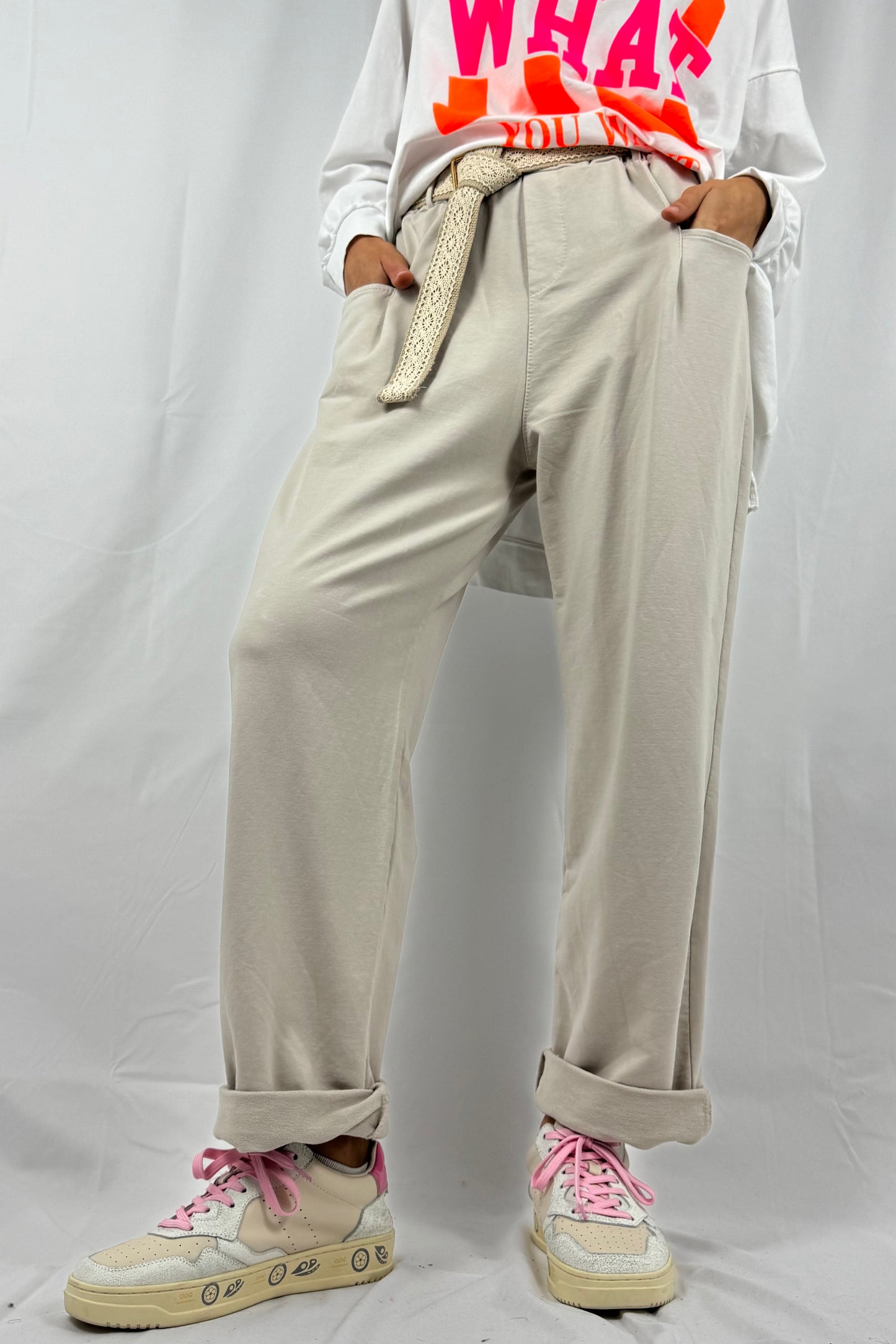 Hose mit Bindegürtel & lockerer Passform-Beige