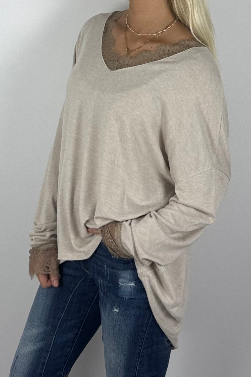 Damen Oversize Shirt mit Spitzen-Details –Beige